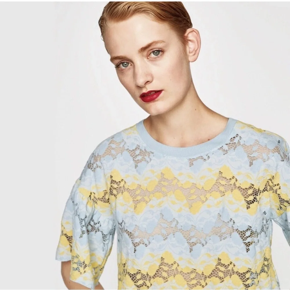 Zara blue and yellow striped lace top - Picture 3 of 9